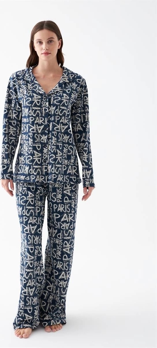 mery Kadın Lacivert “paris” Yazı Desenli Düğmeli Pamuklu Pijama Takımı Mery