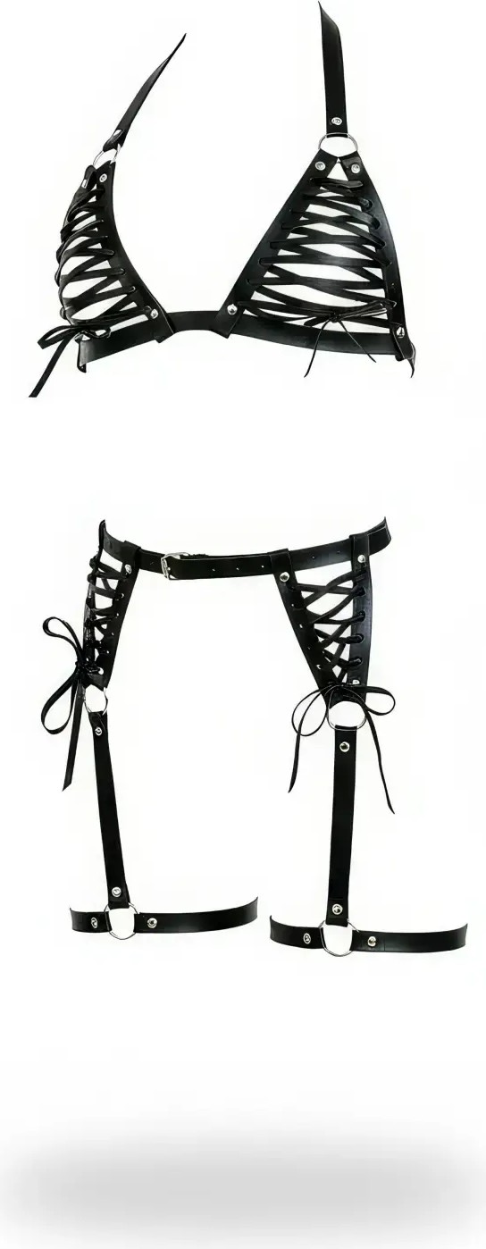 Motto10 Butik HDY MOTTO10 Butik Siyah Harness Takım Çapraz Bağlamalı Suni Deri - APFT1389