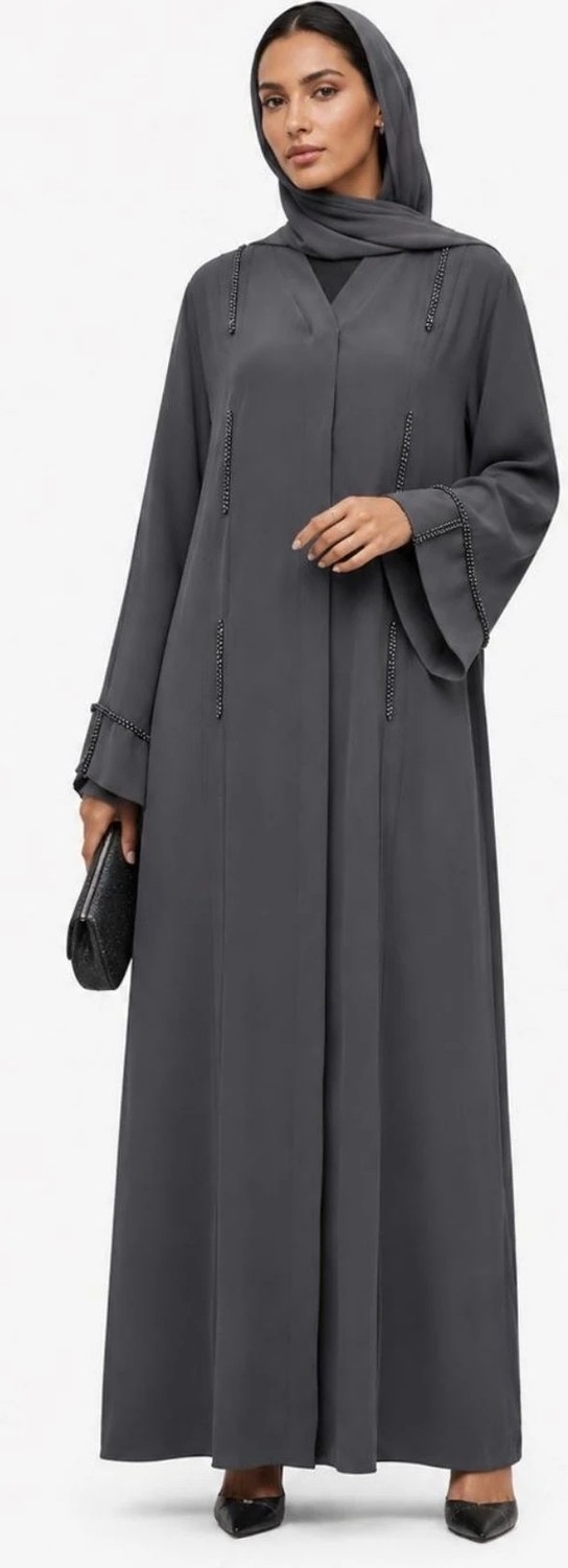 Nazzain Koyu Gri Dubai Ipeği Minimal Taş Detaylı Abaya