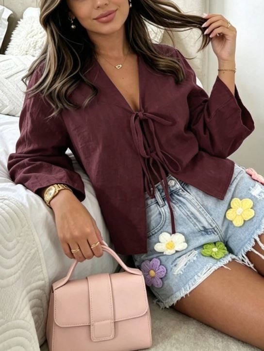 Cng Moda Kısa Önden Bağlamalı Crop Kimono