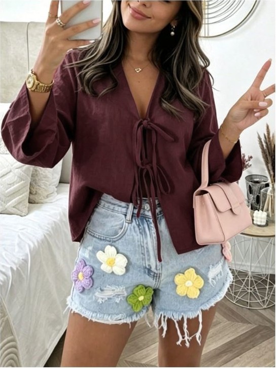 Cng Moda Kısa Önden Bağlamalı Crop Kimono görsel 4