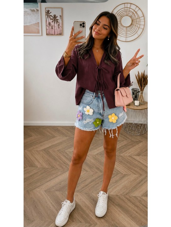 Cng Moda Kısa Önden Bağlamalı Crop Kimono görsel 5