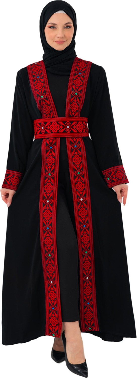 Zaytoon Ferace Filistin Geleneksel Nakışlı Uzun Siyah Abaya Kırmızı Renkli görsel 8