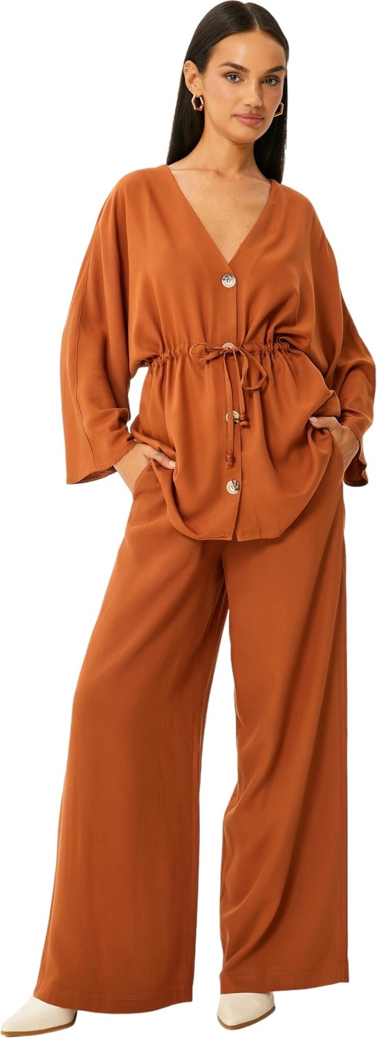Aesco Kimono Geniş Kollu Düğmeli Beli Bağcıklı V Yaka