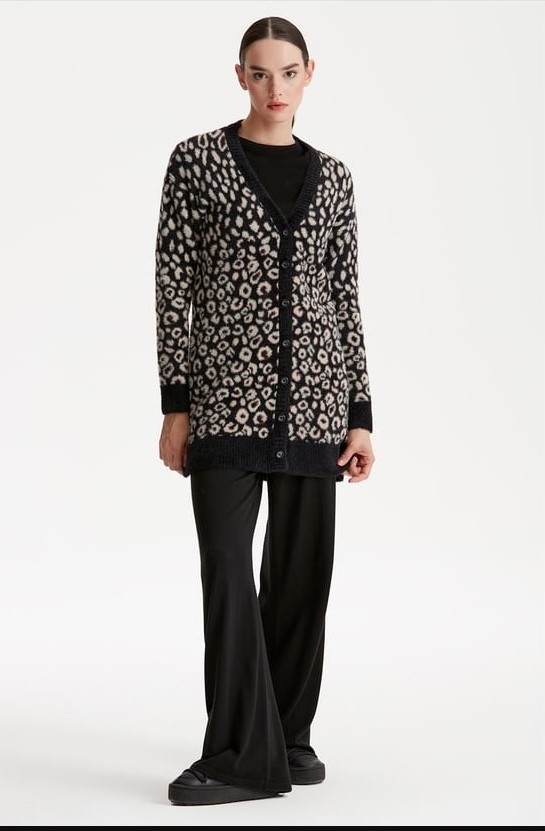 Belirtilmemiş 21264 Leopar Desenli Mink Triko Hırka