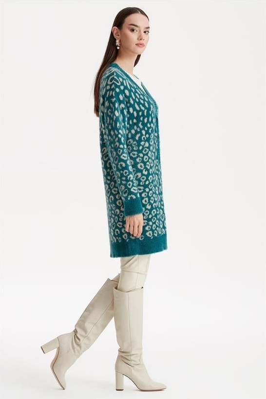 Belirtilmemiş 21264 Leopar Desenli Mink Triko Hırka görsel 7