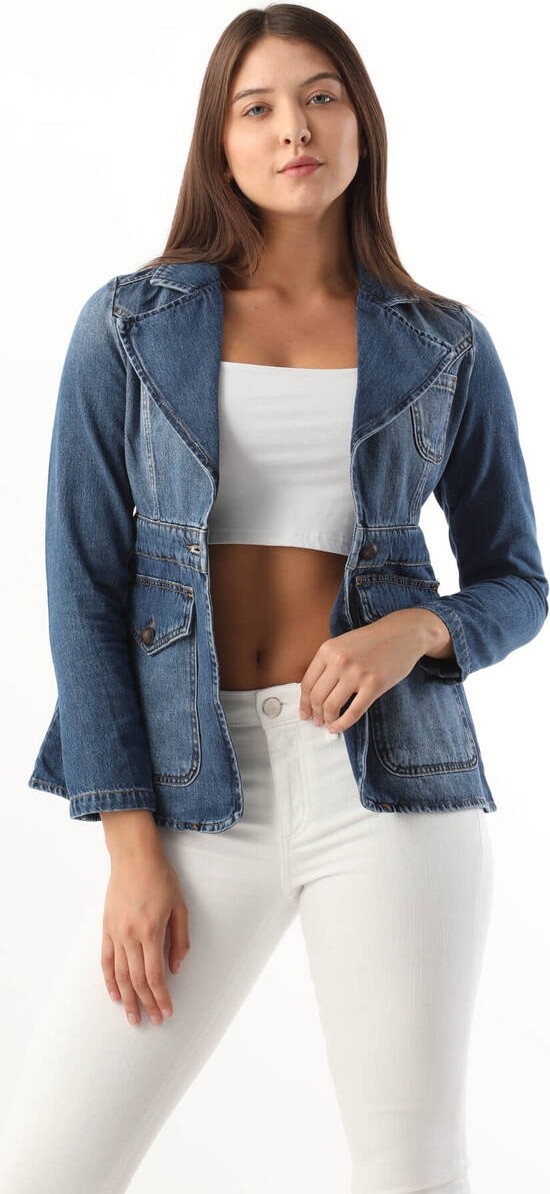 Banny Jeans Kadın Uzun Kollu Tek Düğmeli Jean Ceket Mavi görsel 4