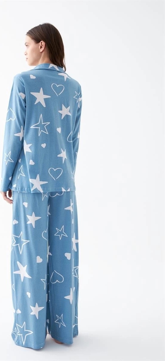 mery Kadın Mavi Yıldız Desenli Düğmeli Pamuklu Pijama Takımı Mery görsel 5