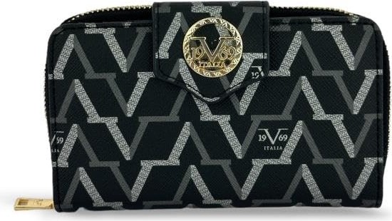 1001 19V69 Italya Kadın Cüzdanı, Siyah Monogram Desen, 16X10X2 Cm, 12 Kart Gözü, Bozuk ve Kağıt P
