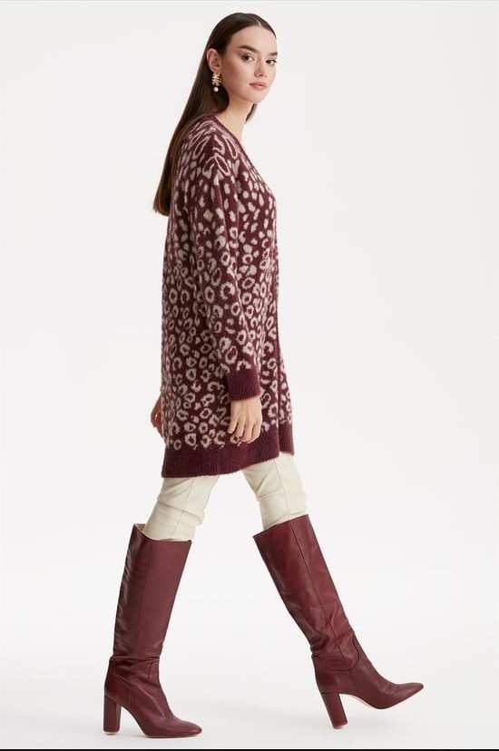 Belirtilmemiş 21264 Leopar Desenli Mink Triko Hırka