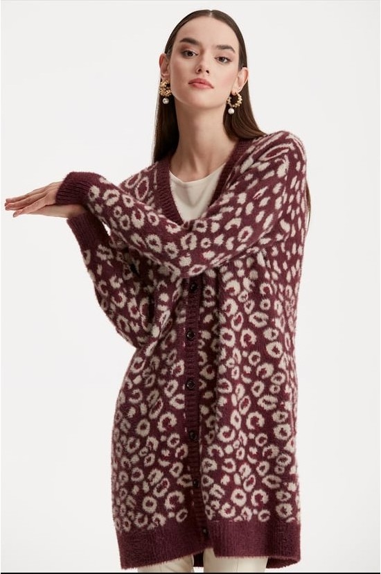 Belirtilmemiş 21264 Leopar Desenli Mink Triko Hırka görsel 2