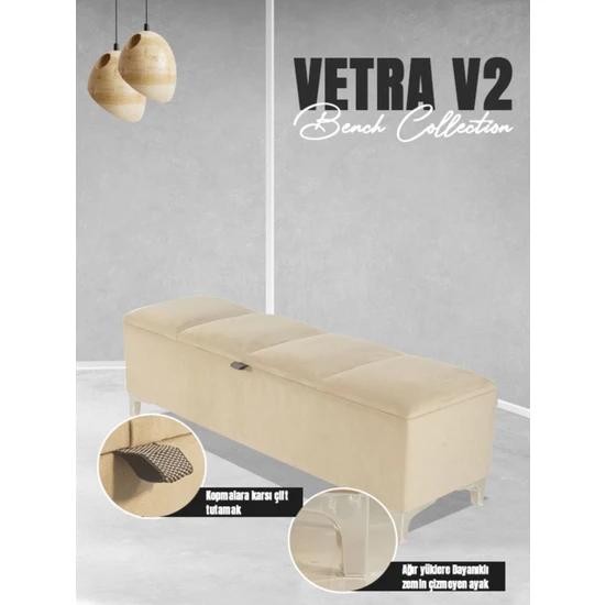 Gazzini Furniture Vetra V2 Sandıklı Puf -  Krem Dilimli Model Sandıklı Puf Bench - Sandıklı Yatak Ucu Bankı