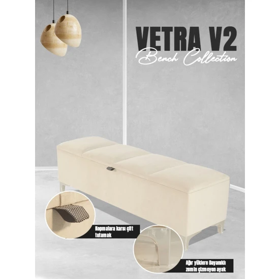 Gazzini Furniture Vetra V2 Sandıklı Puf -  Beyaz Dilimli Model Sandıklı Bench Puf - Sandıklı Yatak Ucu Bankı