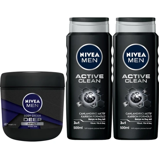 Nivea Men Active Clean Erkek Duş Jeli 500 ml x 2 Adet ve Men Deep Impact Nemlendirici El Vücut Kremi 400 ml