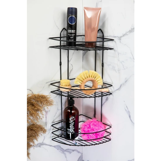 Doreline 3 Katlı Banyo Köşeliği Düzenleyici Şampuanlık Raf Yapışkanlı Paslanmaz Raf Siyah