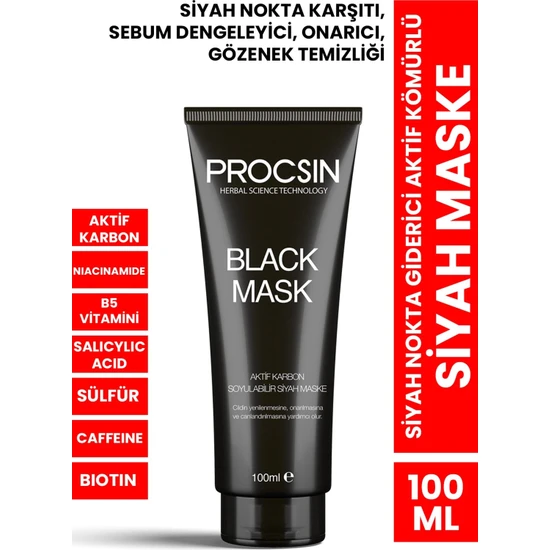 PROCSIN Siyah Nokta Giderici Aktif Kömürlü Siyah Maske 100 ML