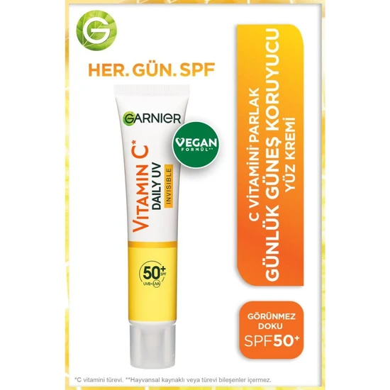 Garnier C Vitamini Parlak Günlük Güneş Koruyucu Fluid Yüz Kremi Görünmez Doku SPF50+ 40ML