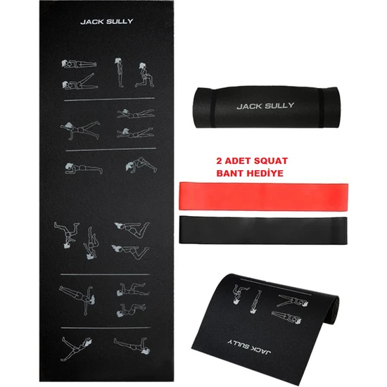 Jack Sully Egzersiz Figürlü Siyah Pilates ve Yoga Minderi 180X60CM 10MM I 2AD. Squat Bant Hediye