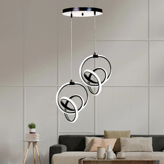 Supply Home 2'li Siyah Modern Sarkıt LED Avize Beyaz Işık Salon Mutfak Oda Hol Ledli Avize