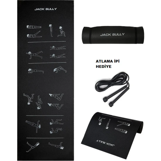 Jack Sully Egzersiz Figürlü Kaydırmaz Siyah Pilates ve Yoga Minderi 180X60CM 10MM I 1AD. Atlama Ipi Hediye