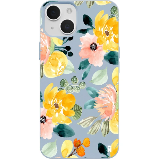 Casen iPhone 13 Yağlı Boya Çiçekler Tasarımlı Mavi Renkli Silikon Telefon Kılıfı