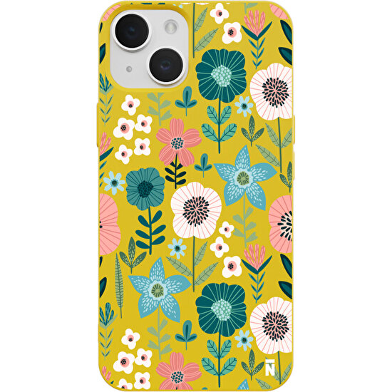 Casen iPhone 14 Plus Flowers Tasarımlı Sarı Renkli Silikon Telefon Kılıfı