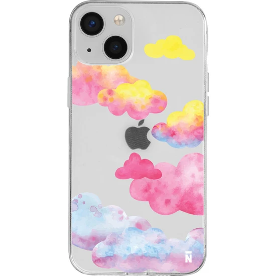 Casen iPhone 15 Plus Colorful Clouds Tasarımlı Şeffaf Silikon Telefon Kılıfı