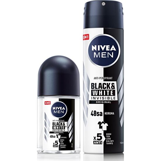 Nivea Men Erkek Sprey Deodorant Black & White 150 ml ve Mini Roll-On Black & White 25 ml, 48 Saat Koruma