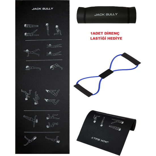 Jack Sully Egzersiz Figürlü Kaydırmaz Siyah Pilates ve Yoga Minderi 180X60CM 10MM I 1AD. Direnç Lastiği Hediye