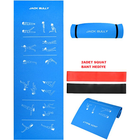 Jack Sully Egzersiz Figürlü Kaydırmaz Mavi Pilates ve Yoga Minderi 180X60CM 10MM I 2AD. Squat Bant Hediye