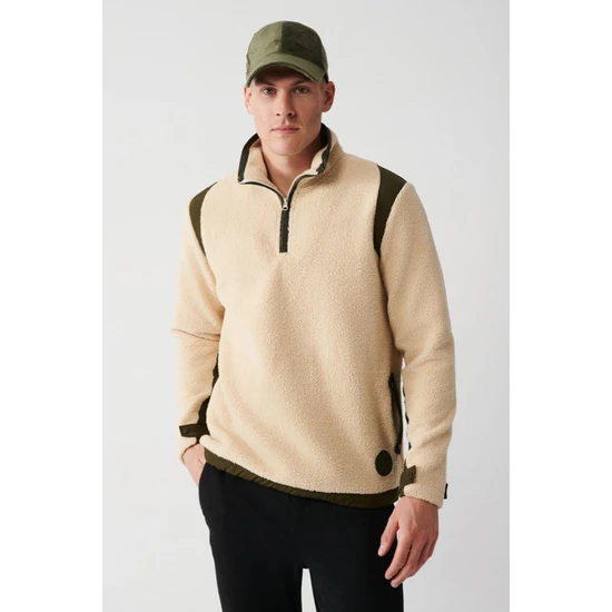 Avva Erkek Bej Peluş Sweatshirt Dik Yaka Yarım Fermuarlı Parçalı Ve Yandan Cepli Regular Fit A32y1221