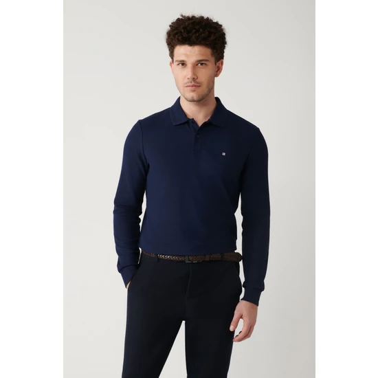 Avva Erkek Lacivert Sweatshirt 2 Düğmeli Polo Yaka Pamuklu Slim Fit B001080
