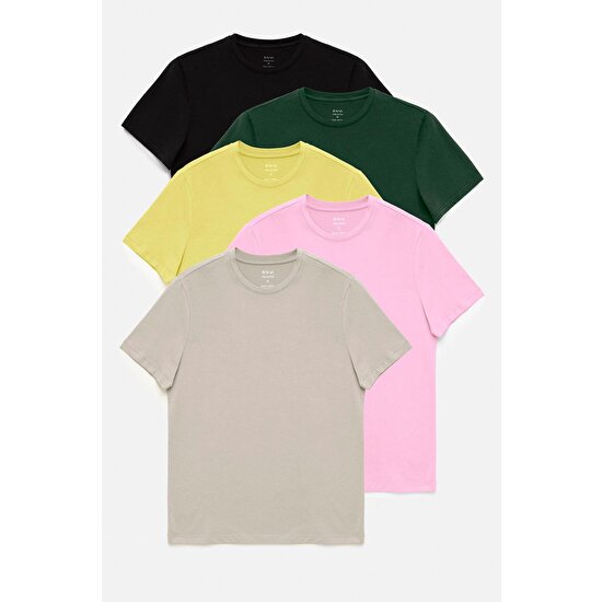 Avva Erkek Siyah-bej-sarı-açık Pembe-yeşil 5'li %100 Pamuk Bisiklet Yaka Regular Fit T-shirt E001021