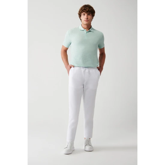 Avva Erkek Beyaz Yandan Cepli Beli Lastikli Keten Dokulu Relaxed Fit Pantolon E003052