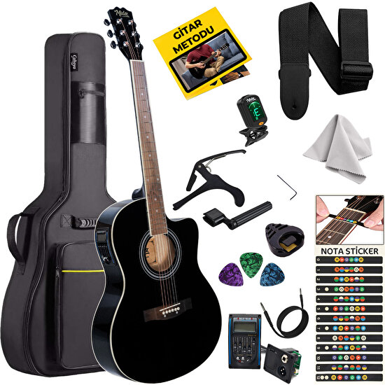 Midex XC-300BKX-EQ Profesyonel Siyah Elektro Akustik Gitar 4/4 Yetişkin Üst Segment (Gigbag Çanta Tuner Capo Askı Jak Kablo Pena)