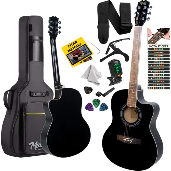 Midex XC-200BK Kesik Kasa Siyah Akustik Gitar 4/4 Yetişkin Üst Segment (Gigbag Çanta Tuner Capo Askı Pena)