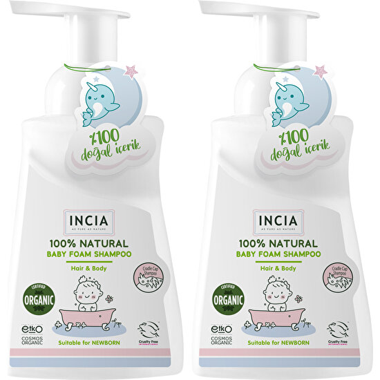 Incıa %100 Doğal Organik Sertifikalı Bebek Köpük Şampuanı Saç Vücut Lavanta Konak Önleyici Yenidoğan 200 ml x 2 Adet