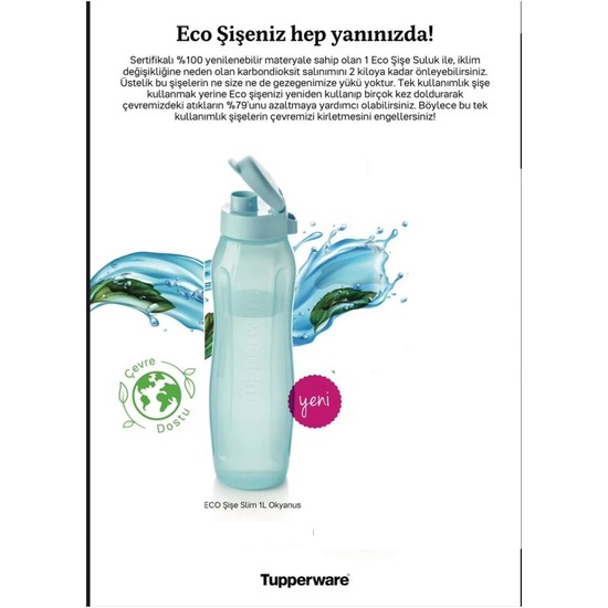 Tupperware Eco Slim 1 Litre Şişe Matara Suluk Okyanus