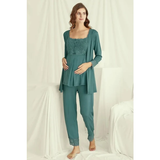 Monamise 18535 Hamile Lohusa Sabahlıklı Pijama Takım-Yeşil