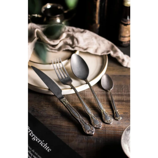 Khakma Queen 4 Kişilik 16 Parça Vintage Çatal & Bıçak & Kaşık Takımı Kutulu Pasta Seti Queenpasta4