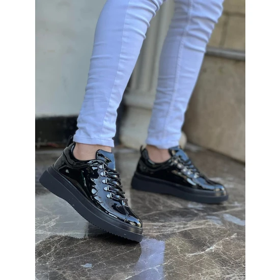 Tarzbu Kb Siyah Parlak Rugan Ayakkabı Yüksek Taban Bağcıklı Günlük Erkek Ayakkabı