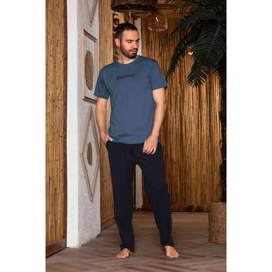 Eyfuze Erkek Baskılı Cepli Kısa Kollu Örme Penye Pijama Takımı