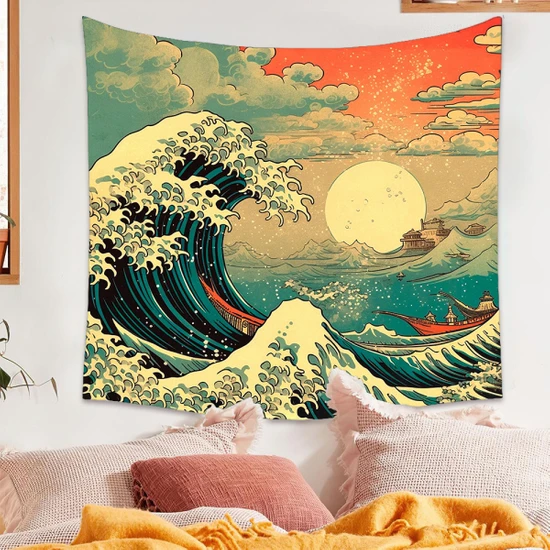 Greendecor Van Gogh Yıldızlı Gece Katsushika Hokusai Büyük Dalga Duvar Örtüsü