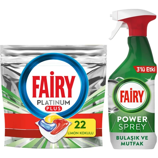 Fairy Platinum Plus 22 Yıkama Bulaşık Makinesi Kapsülü + Fairy Power Sprey 3’ü 1 Arada Bulaşık ve Mutfak 500 ml