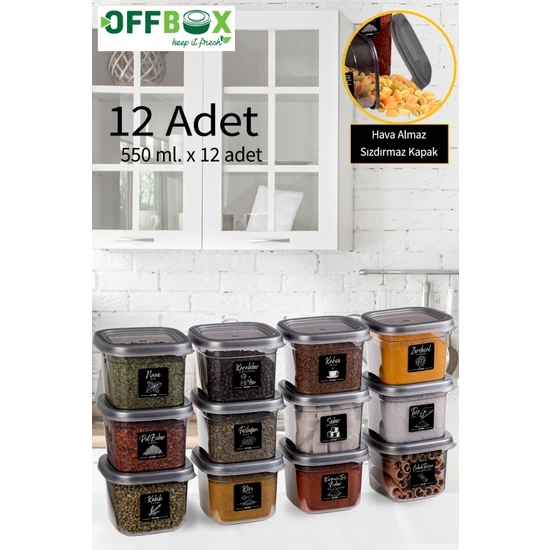 OFFBOX K-550-12 12 Li Kare Erzak Saklama Kabı Baharatlık 0,55 Litre 20 Etiket Hediyeli Antrasit Renk