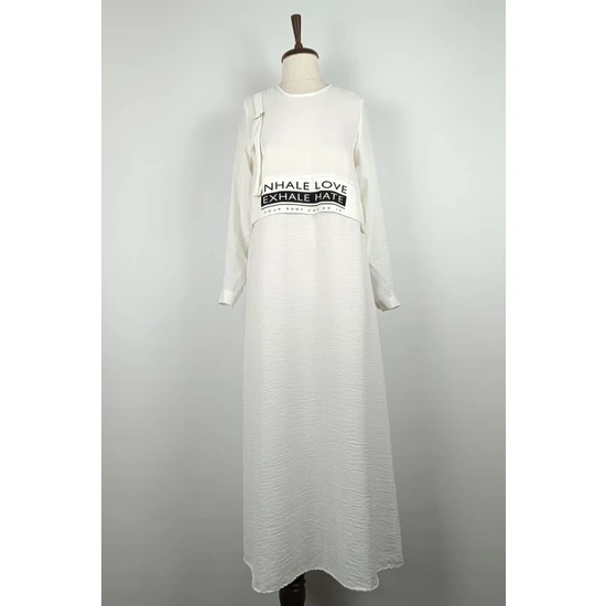 Duay Butik Baskı Detaylı Elbise Beyaz 7770