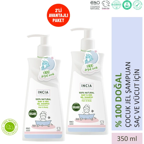 INCIA %100 Doğal Organik Sertifikalı Bebek Ve Çocuk Jel Şampuanı Saç Vücut Lavanta Konak Önleyici 350 ml X2 Adet