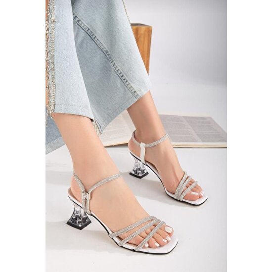 Kira Store Kadın Gümüş Taşlı Şeffaf Kısa Topuklu Ayakkabı