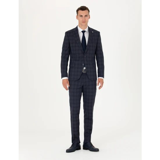 Pierre Cardin Erkek Lacivert Ekose Ekstra Slim Fit Yün Karışımlı Takım Elbise 50272766-VR033