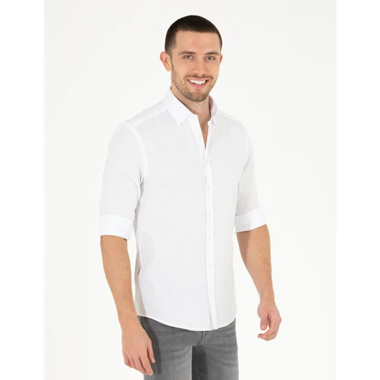 Pierre Cardin Beyaz Slim Fit Keten Görünümlü Gömlek 50272221-VR013